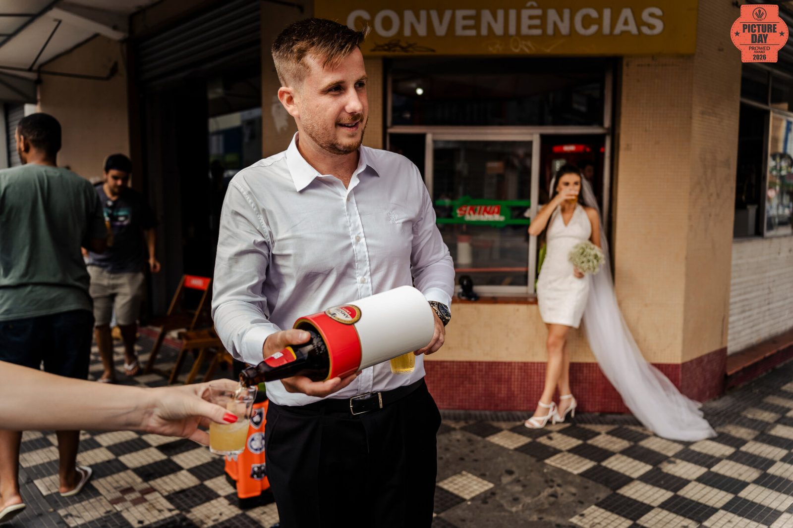 Award-winning wedding photograph with institution seal